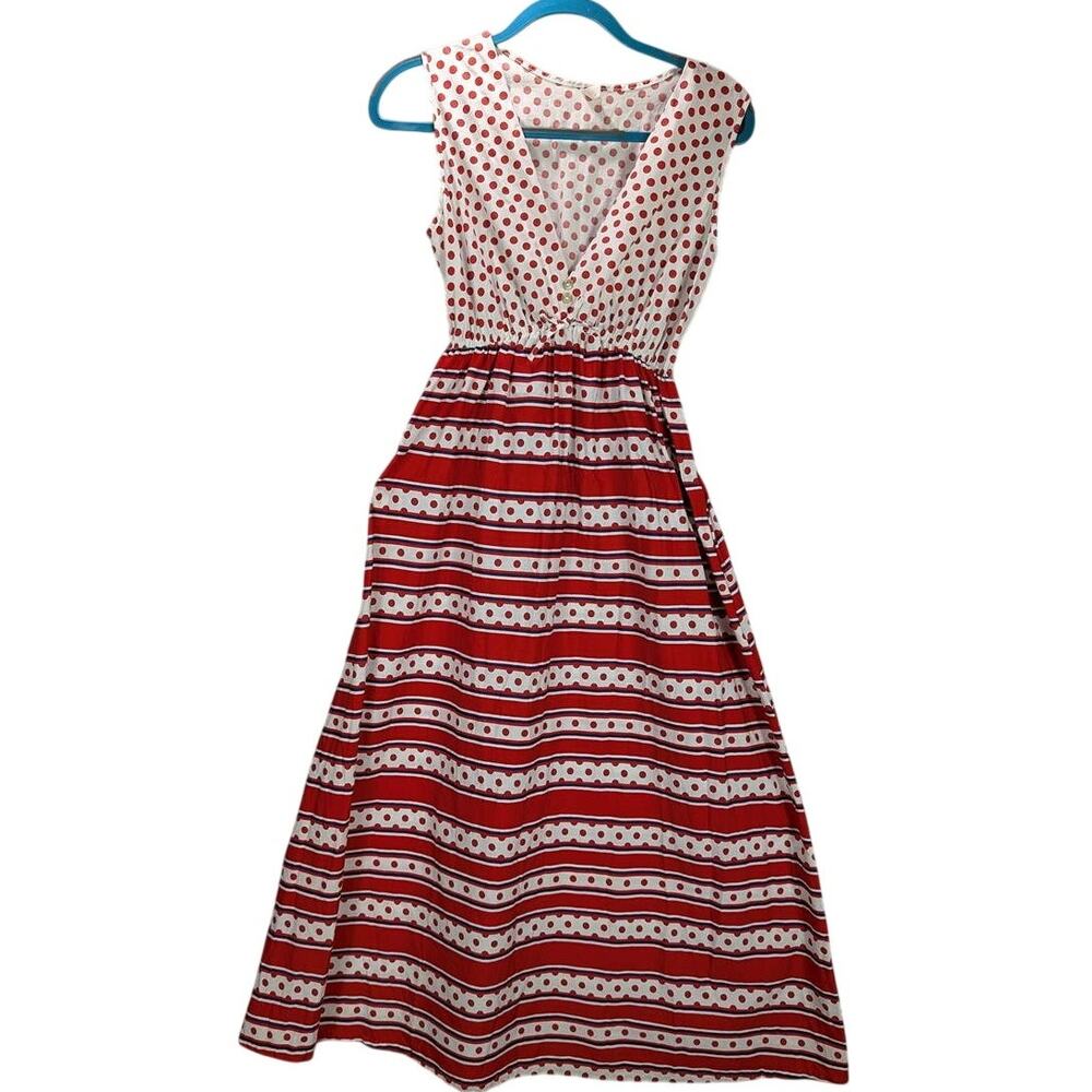 Vintage Dress Womens Large Red White Polka Dot Striped Sleeveless V-Neck READ SZ